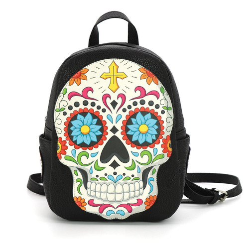 COMECO INC Sugar Skull Head Mini Backpack In Vinyl, colorful decorative skull design on black mini backpack.