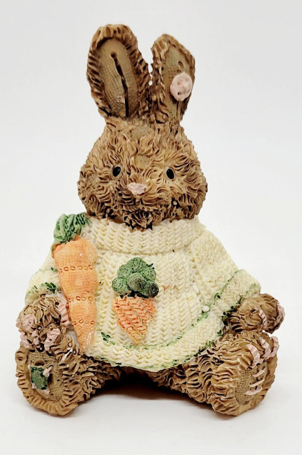 ABC Inc ABC Patchwork Bunny Wearing Carrot Sweater 3.5" Resin Figurine, adorable bunny figurine with patchwork design, wearing a carrot-themed sweater, holding a carrot, perfect for spring decor.