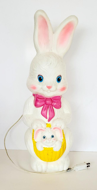 Empire 1995 Plastic Blow Mold 21" Easter Bunny, white bunny figurine with pink accents and a bow, holding a small bunny in a yellow basket, decorative Easter holiday decoration.