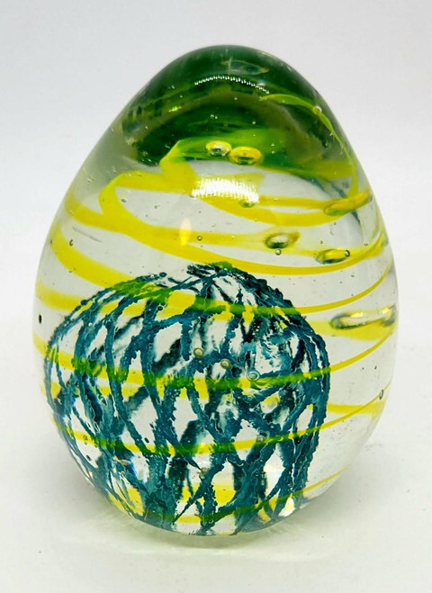 Dollar Tree Egg Shaped Glass Paperweight, decorative egg-shaped glass paperweight with green, yellow, and blue swirl patterns.