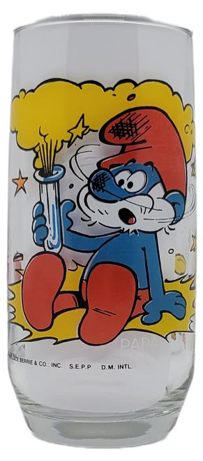 Vintage 1982 Papa Smurf glass character tumbler that was available at Hardee's Fast Food restraunts.  The glass features Papa Smurf holding a test tube that blew up in his hand.