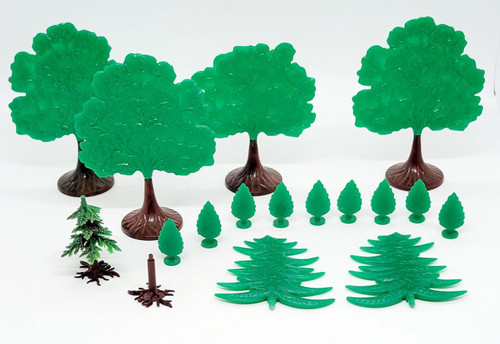Plasticville Lot of Shade Trees, Evergreen Trees and Shrubs, collection of green plastic trees and shrubs for model landscapes or dioramas.