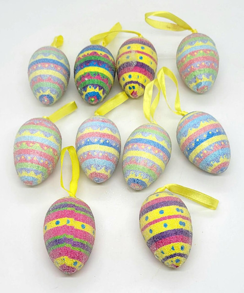 Unknown Easter Egg Foam Decorated Hanging Ornament Lot of 10, colorful foam Easter egg decorations with yellow ribbon hangers for Easter celebration and decoration.