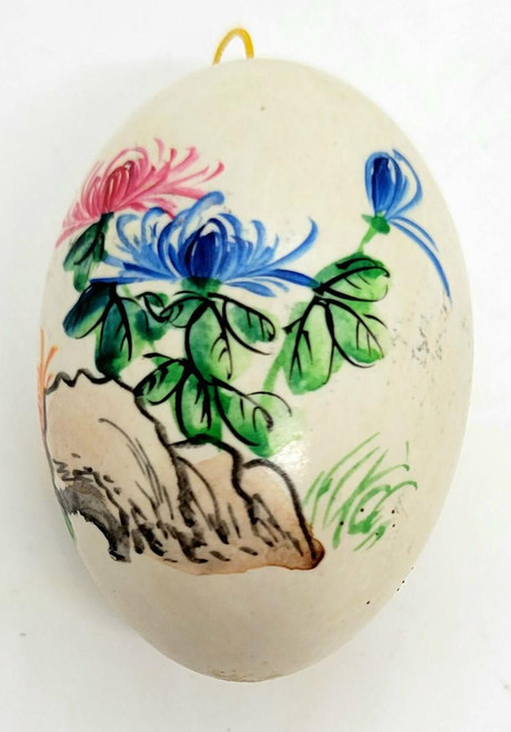 Unknown Hand Painted Asters with Blue Butterfly Easter Egg Hanging Ornament, decorated with colorful flowers and butterflies, showcasing intricate artwork and vibrant colors.