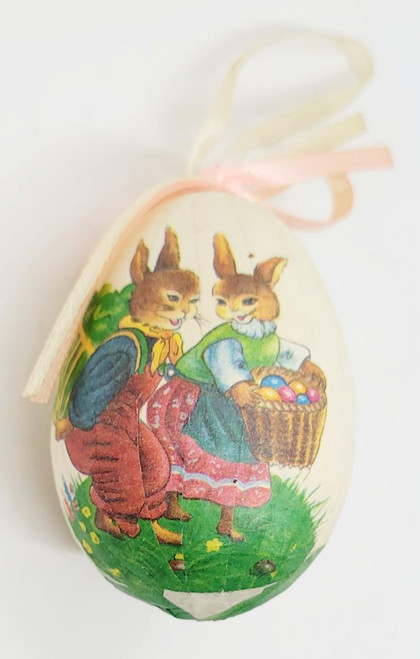 Unknown Vintage Mr. & Mrs. Easter Bunny Decoupage Easter Egg Ornament, vintage-style bunny couple illustrated with Easter basket and colorful eggs, decorated for Easter celebration.