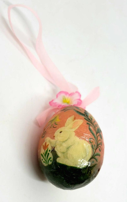 Unknown Vintage Bunny with Easter Egg Decoupage Easter Egg Ornament (B), hand-painted bunny design with pink flower and pink ribbon handle.