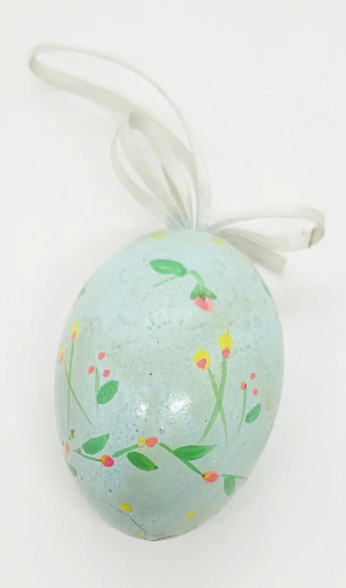Unknown Vintage Hand Painted Blue Egg with Pink Flowers Easter Egg Ornament, featuring floral patterns and a white ribbon for hanging.
