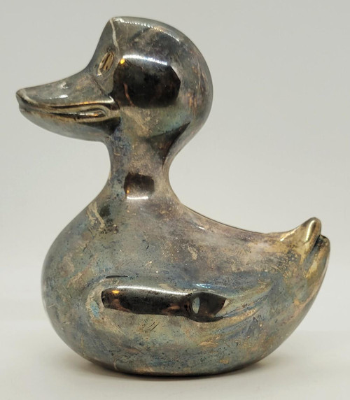 Unknown Vintage Silver Plated Duck Bank, a small silver-toned collectible shaped like a duck with a vintage finish.