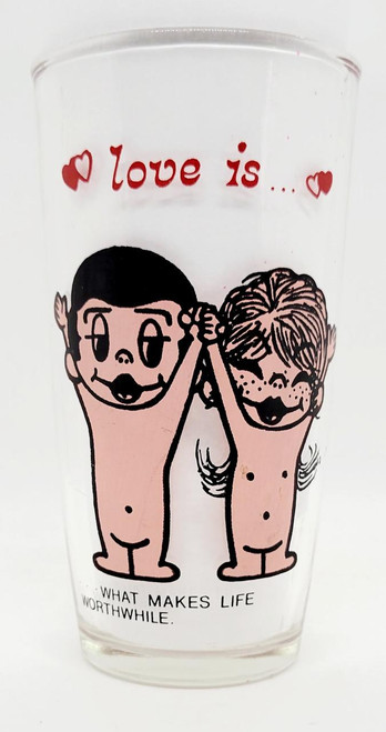 Los Angeles Times 'Love is' by Kim Casali Comic Strip Pint Glass with cartoon characters holding hands, featuring a quote about love and life's worth.