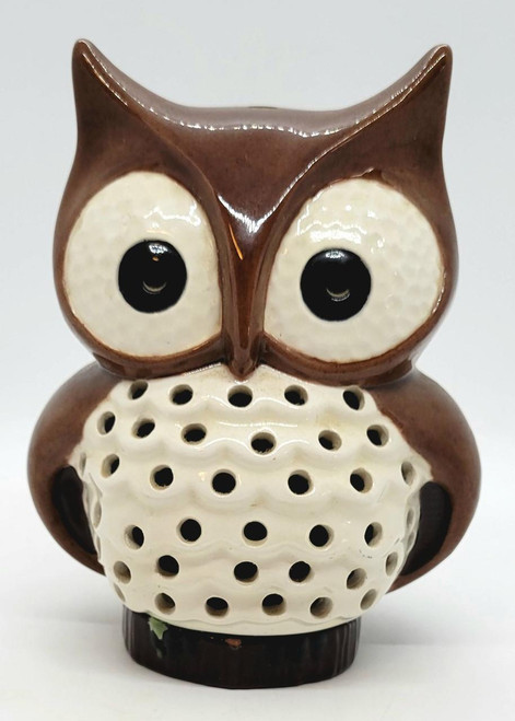 Unknown Vintage Ceramic Owl Candle Holder, decorative owl-shaped ceramic candle holder with large eyes and perforated belly for holding a candle.
