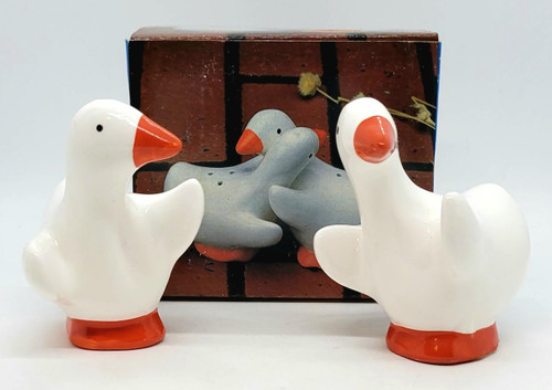 King Importing, Inc. Vintage Hand Crafted Fine Earthenware Hugging Duck Salt & Pepper Shakers, ceramic duck salt and pepper shakers with orange beaks and bases, set of two with charming rustic design.