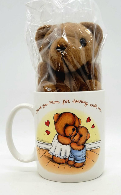 AVON Mother's Day Gift Mug with Teddy Bear, illustrated mug featuring a hugging teddy bear in a dress and a smaller teddy in blue overalls, with hearts and a heartfelt message for mom