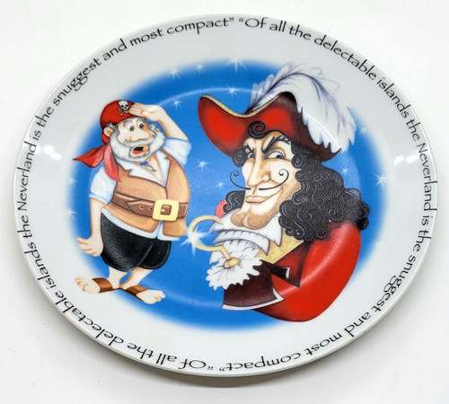 Disney's Peter Pan's Captain Hook 7.5-inch Plate, designed by Paul Cardew featuring colorful illustration of Captain Hook with a mischievous expression and his sidekick, Mr. Smee, with decorative stars and text around the rim.