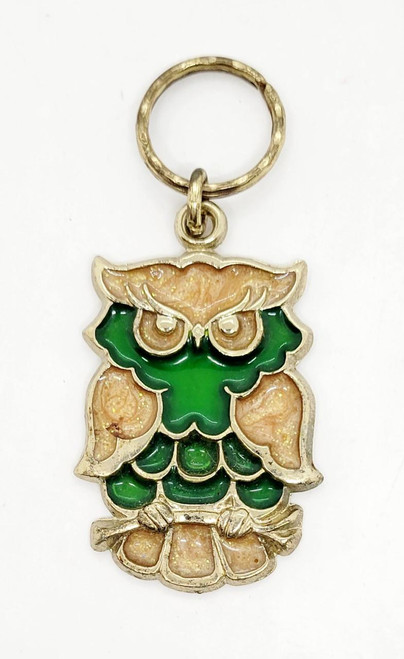 Unknown Vintage Stained Glass Style Owl Keychain, intricate owl design with green and peach stained glass details.