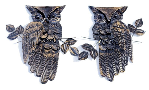 Unknown Vintage Owl Metal Wall Art, made in Hong Kong, featuring two intricately detailed black and gold owls with leaves.