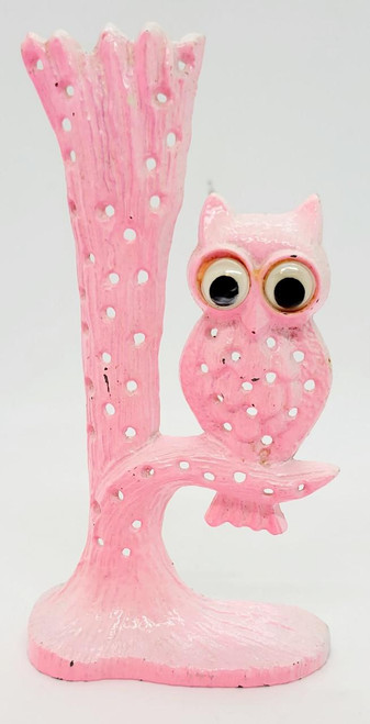 Rafi Vintage Rafi Owl Cast Iron Earring Tree- Pink, pink cast iron owl earring holder in the shape of an owl sitting on a tree branch