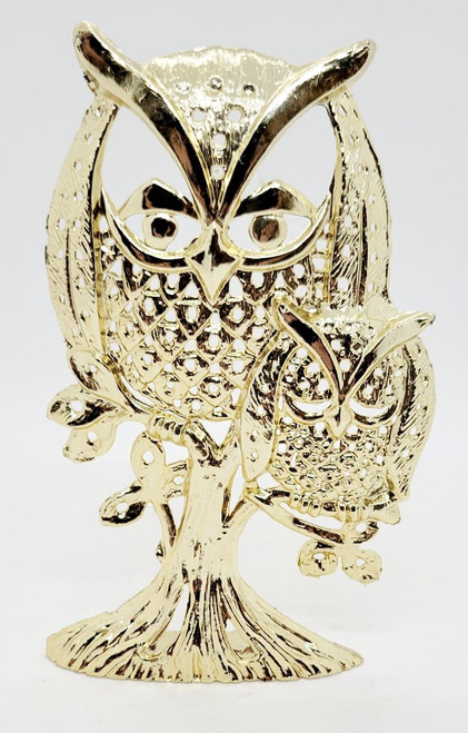 Torino Vintage Torino Gold Metal Owl Earring Holder, gold-colored metal owl-shaped jewelry display with intricate cut-out design for earrings.