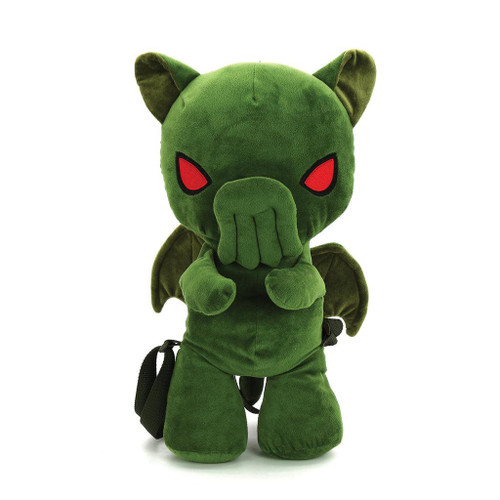 Sleepyville Critters Comeco Cthulhu Stuffed Backpack, plush green Cthulhu creature with wings, red eyes, and a backpack strap.