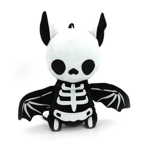 Sleepyville Critters Skeleton Bat Stuffed Backpack, plush skeleton bat backpack with cute skull face and bat wings for kids.