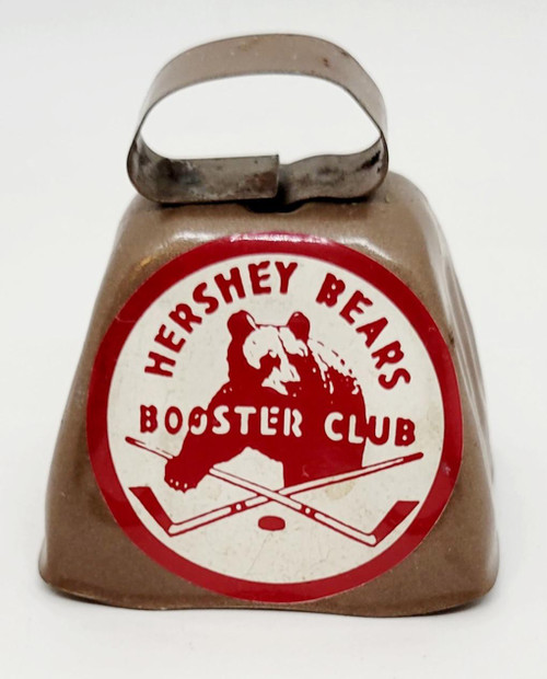 AHL Hershey Bears Booster Club Metal Cowbell, vintage metal cowbell featuring the Hershey Bears hockey team logo and crossed hockey sticks.