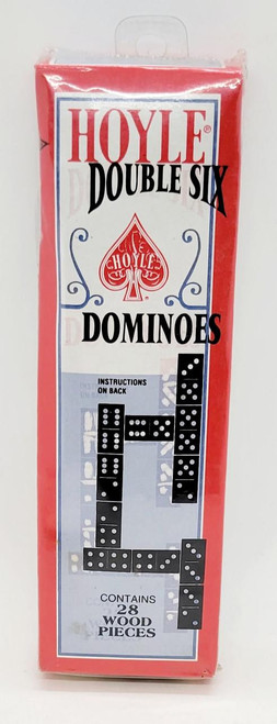 Hoyle Products Hoyle Double Six Dominoes - 28 Wood Pieces, red packaging with black and white domino tiles and instructions on the back.