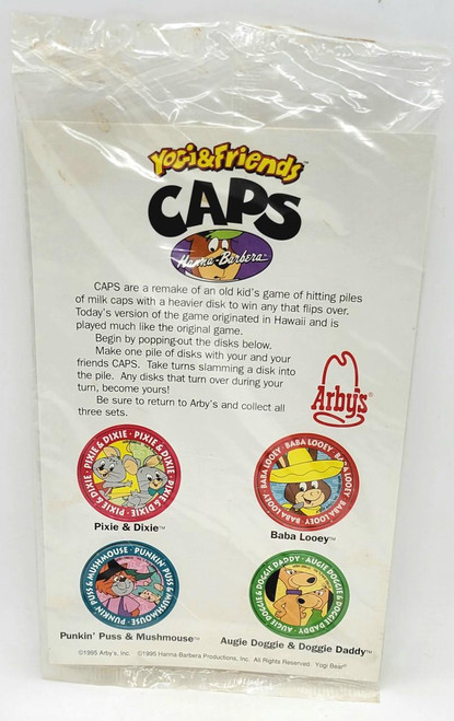 Hanna-Barbera Arby's Kids' Meal Toy - 1995 Hanna-Barbera Yogi & Friends CAPS, image of four colorful character caps in their original packaging.