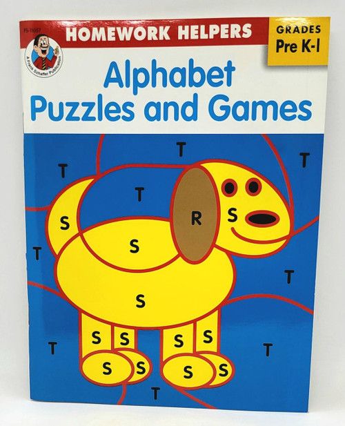 Frank Schaffer Publication Homework Helpers Alphabet Puzzles and Games - Grades Pre K-1, educational book with a colorful illustration of a dog with labeled parts for learning the alphabet.