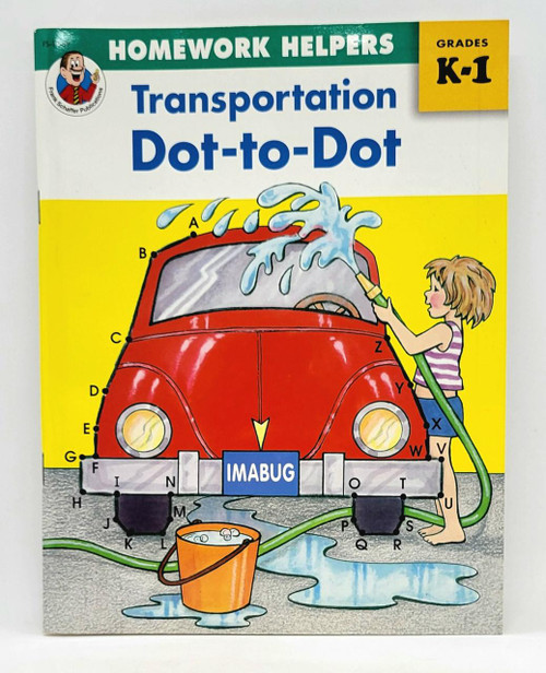 Frank Schaffer Publication Homework Helpers Transportation Dot-to-Dot, educational activity book for grades Pre K-1 featuring a colorful illustration of a red car with a girl watering it and a dotted line labeling different parts of the vehicle.