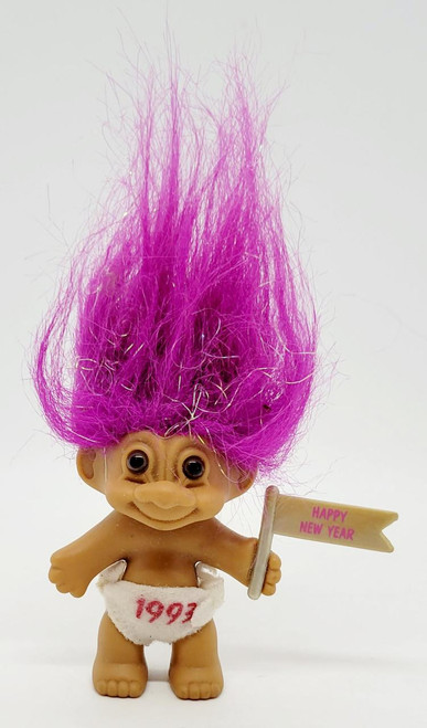 Russ Berrie & Co Russ Berrie 1993 Happy New Year 3-inch Troll Figure with Purple Hair, toy troll with large purple hair, holding a small 'Happy New Year' flag.