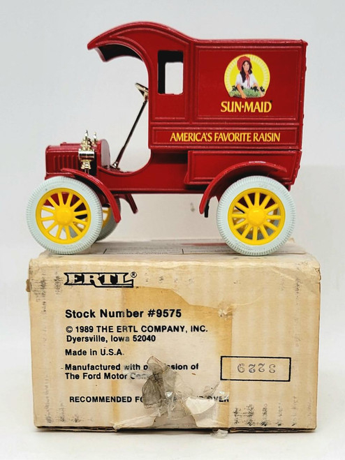 ERTL 1989 Die-Cast Bank: Sun-Maid Raisins 1905 Ford Delivery Truck, red vintage die-cast model of a classic delivery truck with Sun-Maid Raisins branding, yellow wheels, and a box-shaped cab.