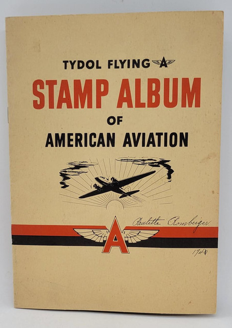 TYDOL FLYING A STAMP ALBUM OF AMERICAN AVIATION, vintage 1940s stamp album featuring a flying airplane illustration and bold red and black text.