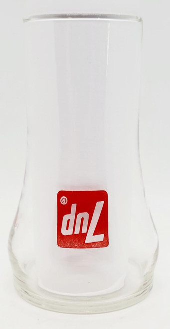 7 Up The Uncola Upside Down Glass, clear glass with red 7 Up logo, inverted design for serving beverages.