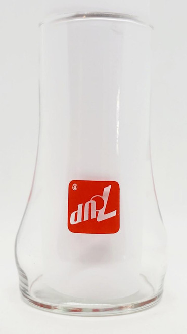 7 Up The Uncola Upside Down Glass, clear glass with red 7 Up logo, uniquely upside down design.