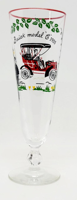 Libbey Glass Company Horseless Carriage 1905 Buick Model C Pilsner Glass, clear glass with colorful vintage car design and green floral accents.