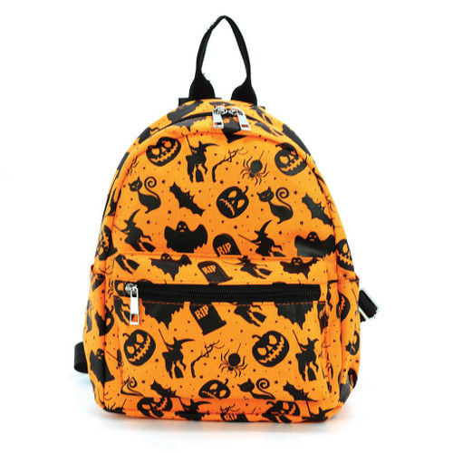 Comeco Inc Comeco Orange Halloween Collage Mini Backpack in Nylon, orange backpack with Halloween-themed black silhouettes of pumpkins, bats, cats, and spiders, zipper compartments, adjustable straps, Halloween costume accessory.