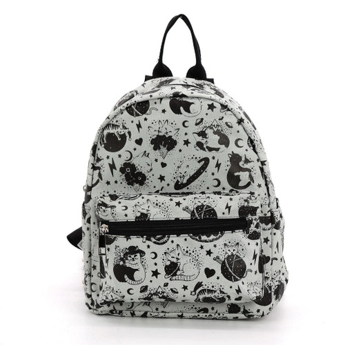 Comeco Celestial Cat Collage Mini Backpack in Nylon, black and white with celestial and cat pattern.