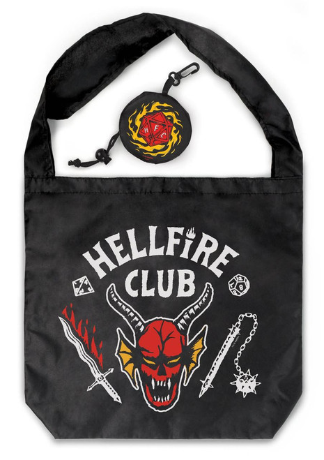 Stranger Things by Fred Stranger Things - Reusable Tote Bag - Hellfire Club, black tote bag with Hellfire Club logo featuring a demon skull with horns and red face, and a matching round coin pouch with Hellfire symbol, perfect for fans of Stranger Things.