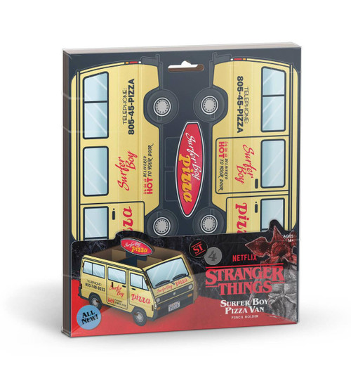 Stranger Things by Fred Stranger Things Surfer Boy Pizza Van Pencil Holder, yellow pizza van-shaped pencil holder with branding and phone number, inspired by the TV series Stranger Things.