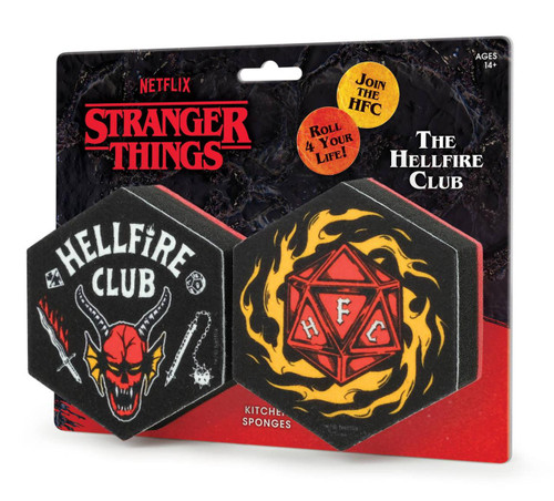 Stranger Things by Fred The Hellfire Club Kitchen Sponges, featuring Hexagonal shaped sponges with Hellfire Club and D20 dice designs from the horror TV series.