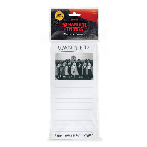 Stranger Things by Fred Stranger Things Magnetic Notepad - The Hellfire Club, featuring a black and white photo of the Hellfire Club members with the word 'WANTED' above and lines for note-taking below.