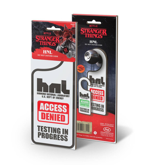 Stranger Things Do Not Disturb Sign, Hawkins Laboratory themed door hanger with 'Access Denied' and 'Testing in Progress' messages, featuring Hawkins National Laboratory logo and branding.