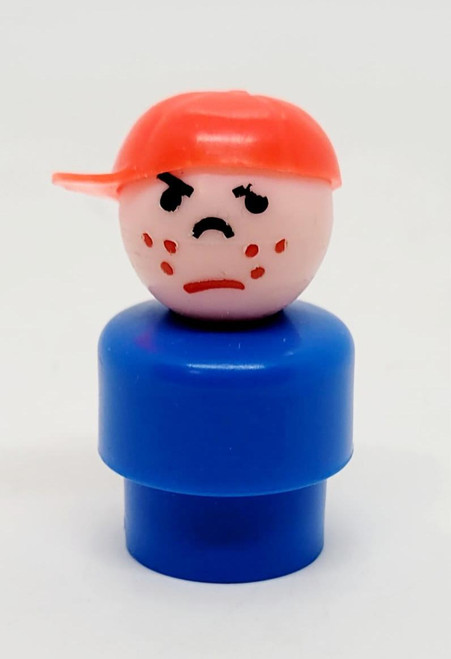Fisher-Price Original Little People Caucasian Boy Figure, side view showing red baseball cap and blue base