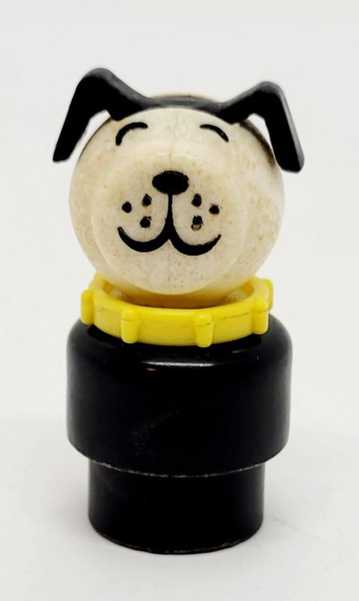 Fisher-Price Fisher Price Original Little People Lucky Dog Yellow Collar with Lines, toy dog figure with a round face, smiling expression, black ears, wearing a yellow collar, on a black stand.