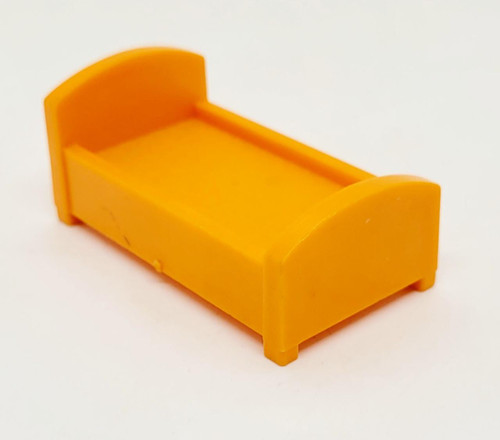 Fisher-Price Original Little People Single Bed - Orange Diamond Pattern, yellow plastic doll bed with curved headboards on both ends on a white background.