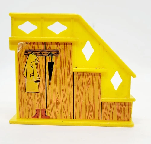 Fisher-Price Original Little People #952 Play Family House - Staircase, yellow plastic playset with stairs and a rear wall decorated with a wood grain pattern and artwork of a coat and umbrella.
