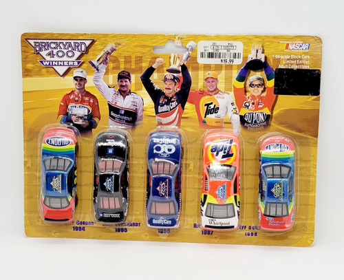 Action NASCAR Brickyard 400 5-Piece Winners Set Years 1994 - 1998, 1:64 Scale diecast cars, with images of racing winners from 1994 to 1998 on packaging.