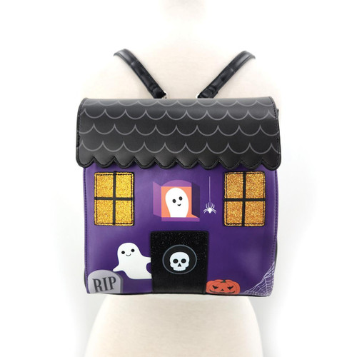 Sleepyville Critters Spooky House Mini Backpack in Vinyl, purple haunted house design with ghost and pumpkin decorations, black roof with scalloped edges, and windows with glowing yellow panes.