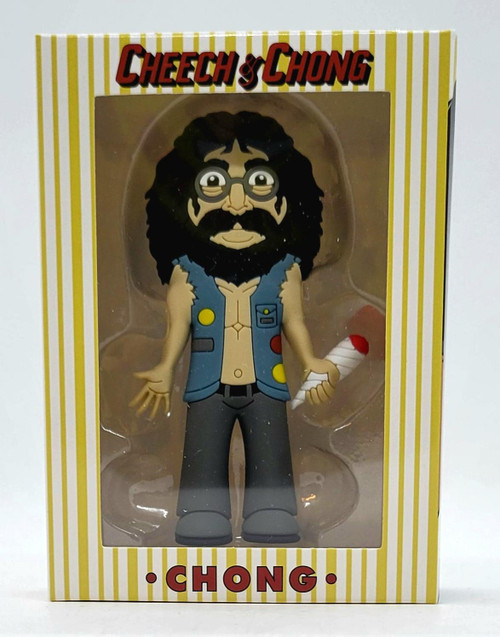Knuckleheadz Toys Knuckleheadz Cheech & Chong Chong Half Pint Vinyl Figure - Limited Edition, damaged box with front view of the collectible figure featuring long black hair, glasses, a beard, a blue vest with colorful buttons, gray pants, and holding a white and red guitar.