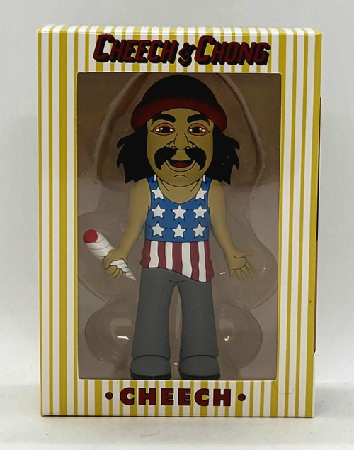 Knuckleheadz Toys Cheech & Chong: Cheech Half Pints Figure, damaged box, collectible toy in packaging with transparent window showing a cartoon-style figure with long hair, mustache, wearing a star-spangled tank top, holding a joint, and standing on a gray base.