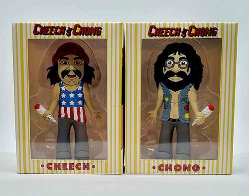 Knuckleheadz Toys Cheech & Chong Half Pints Figures, damaged boxes with collectible cartoon-style figures of Cheech and Chong in vintage outfits, each holding a rolled paper, in colorful striped packaging.